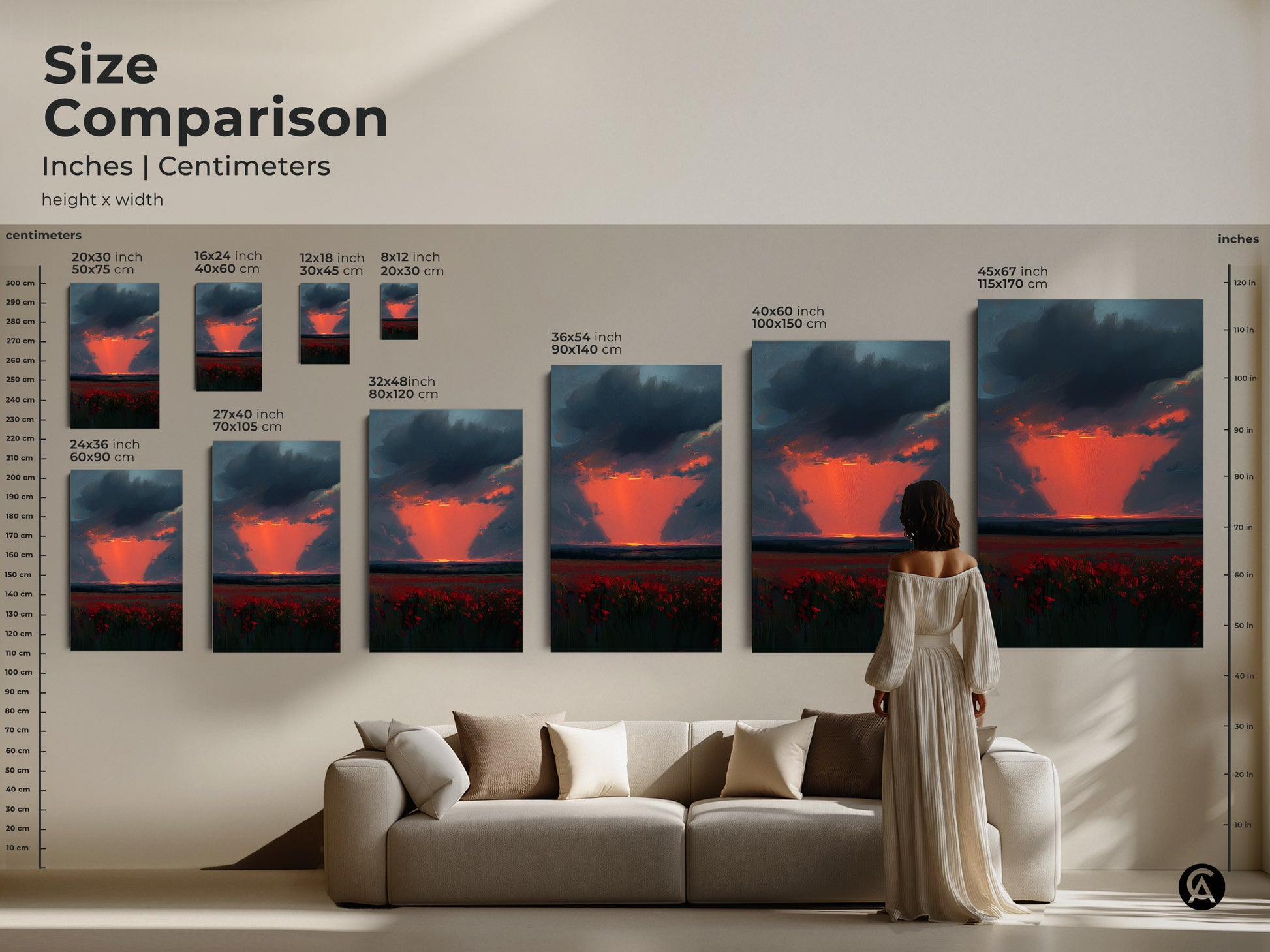 Size comparison of Crimson Poppy Field artwork. Inches and centimeters are both shown. See how different sizes fit above a couch. Visualize the impact of this sunset canvas in your living room. From small to large art.