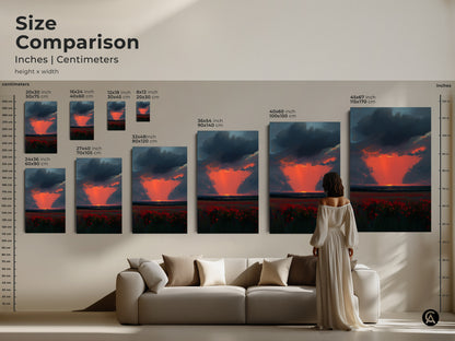 Size comparison of Crimson Poppy Field artwork. Inches and centimeters are both shown. See how different sizes fit above a couch. Visualize the impact of this sunset canvas in your living room. From small to large art.