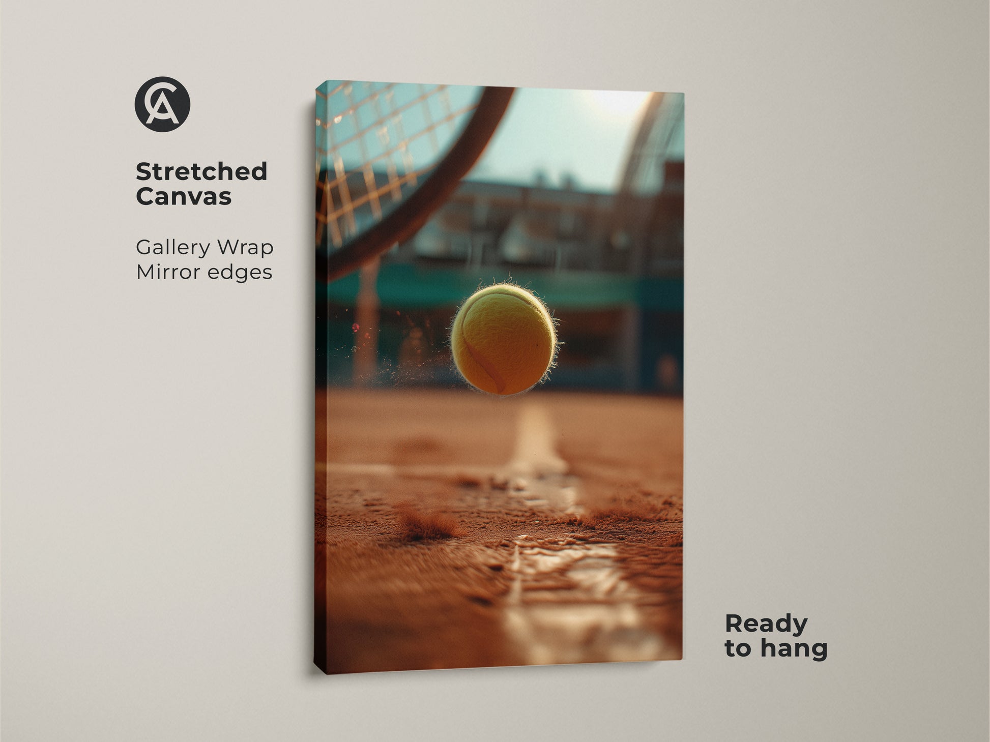Stretched canvas artwork of a tennis ball. The gallery wrap and mirror edges add depth. The vibrant image shows a tennis ball suspended over the court line. Ready to hang this piece brings the energy of the game to any room. A must-have for tennis fans.