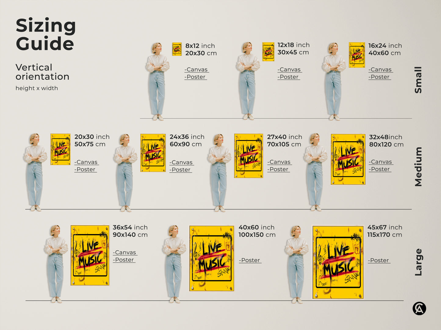 Check the sizing guide to find the perfect fit for your space with this 'Live Music' graffiti art print. Available in various canvas and poster sizes this yellow urban street artwork adds an eclectic touch. Enhance your music room or studio with this musician gift idea.