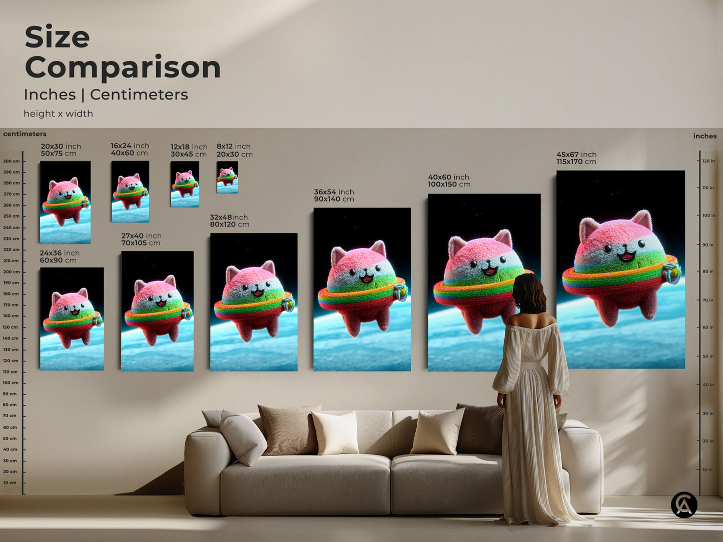 Compare sizes of the Kawaii Cat Astronaut artwork in inches and centimeters. The cute cat art is available in various dimensions for your space. Choose the perfect size for your unique kids wall art. It is a playful cat astronaut decor and a dreamy space cat canvas.