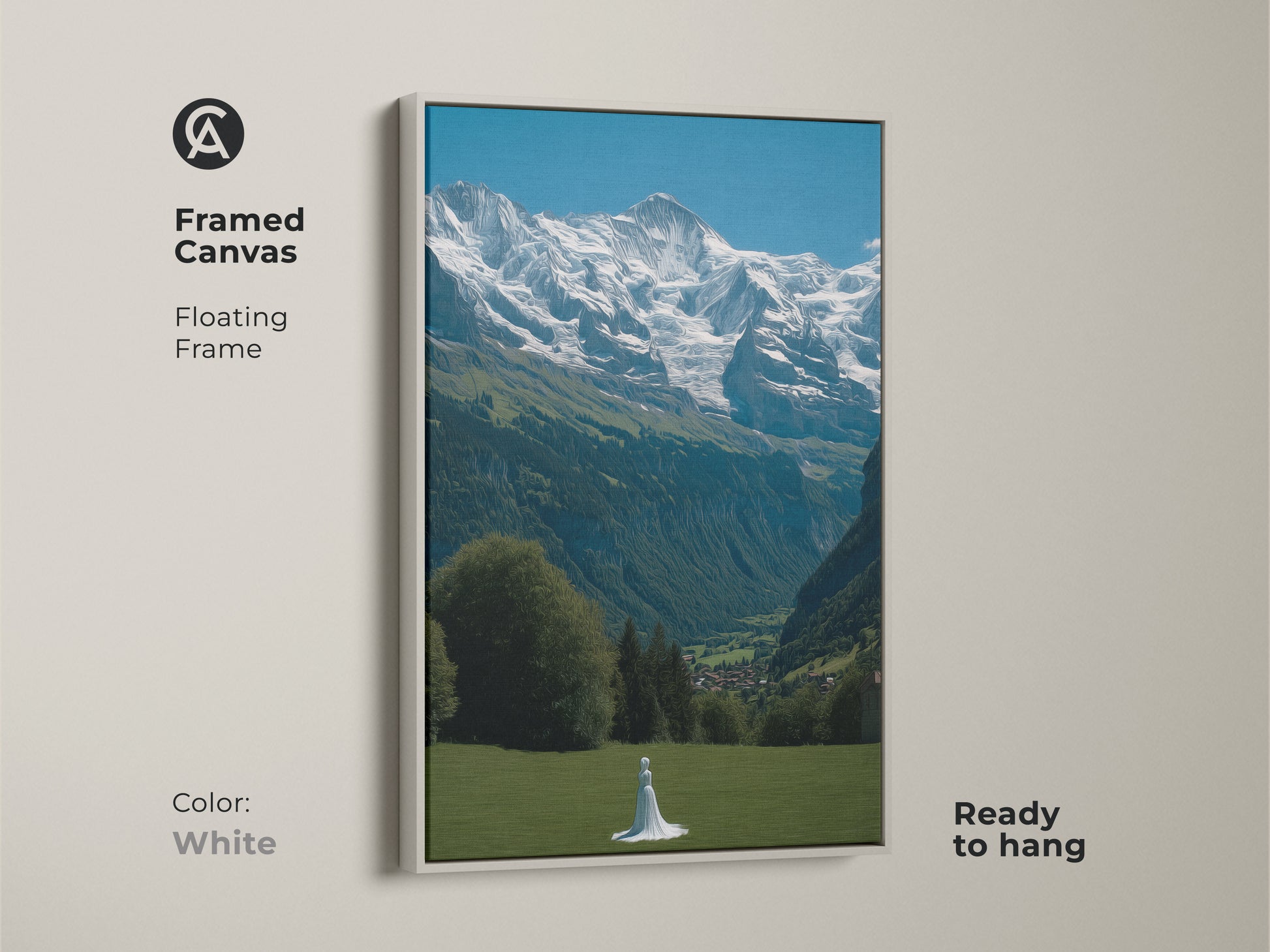 Transform your living space with this framed canvas print of the Swiss Alps. It features a lone woman in a green meadow. A white floating frame complements the stunning mountain view. This travel nature artwork is ready to hang. The photorealistic wall decor enhances any Scandinavian home. Ideal for nature lovers and wanderlust souls