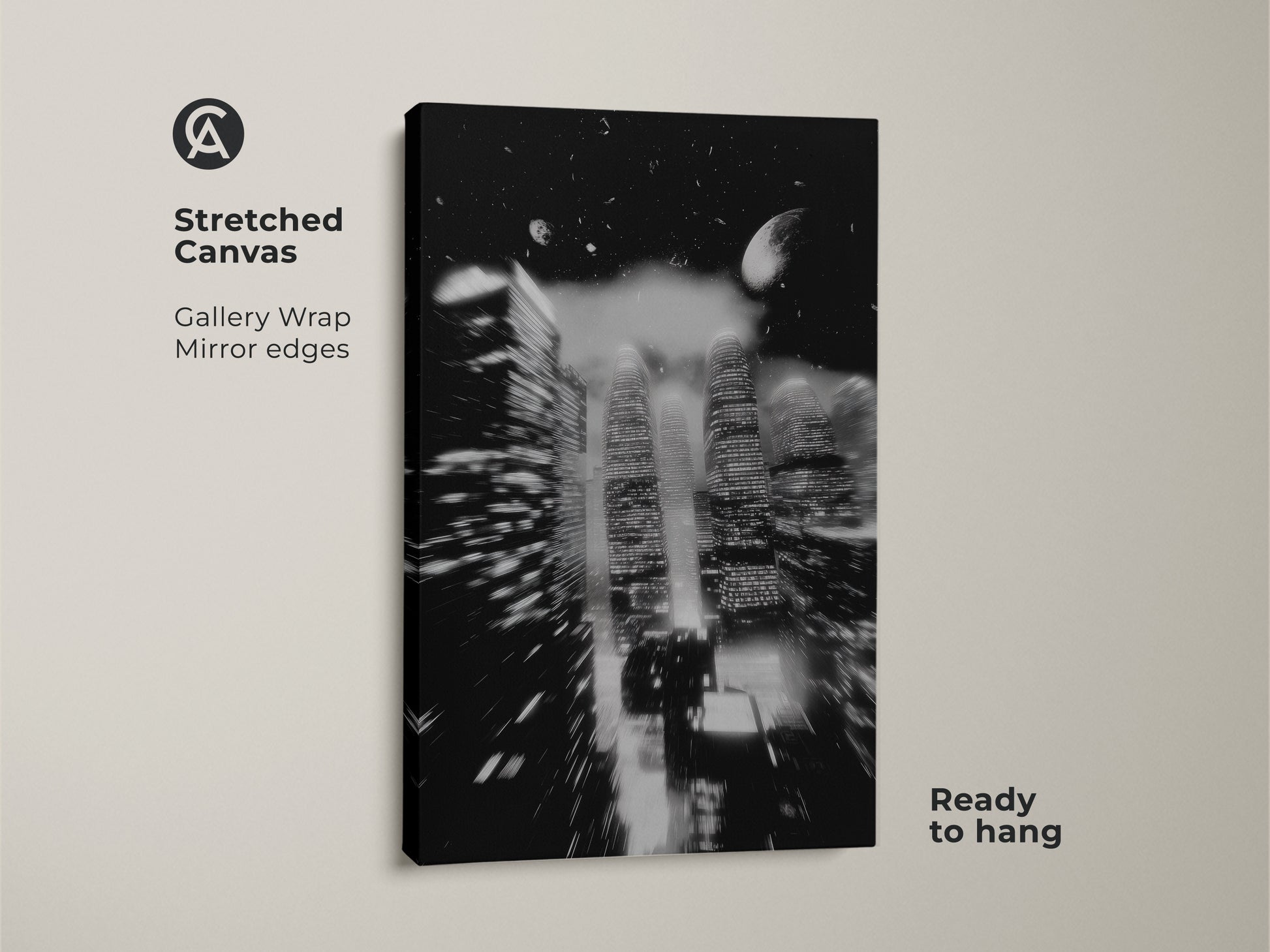 Stretched canvas print of an abstract night cityscape. The gallery wrap features mirrored edges. Ready to hang this monochrome city art will add modern flair. Black and white skyscraper artwork enhances any urban home decor.