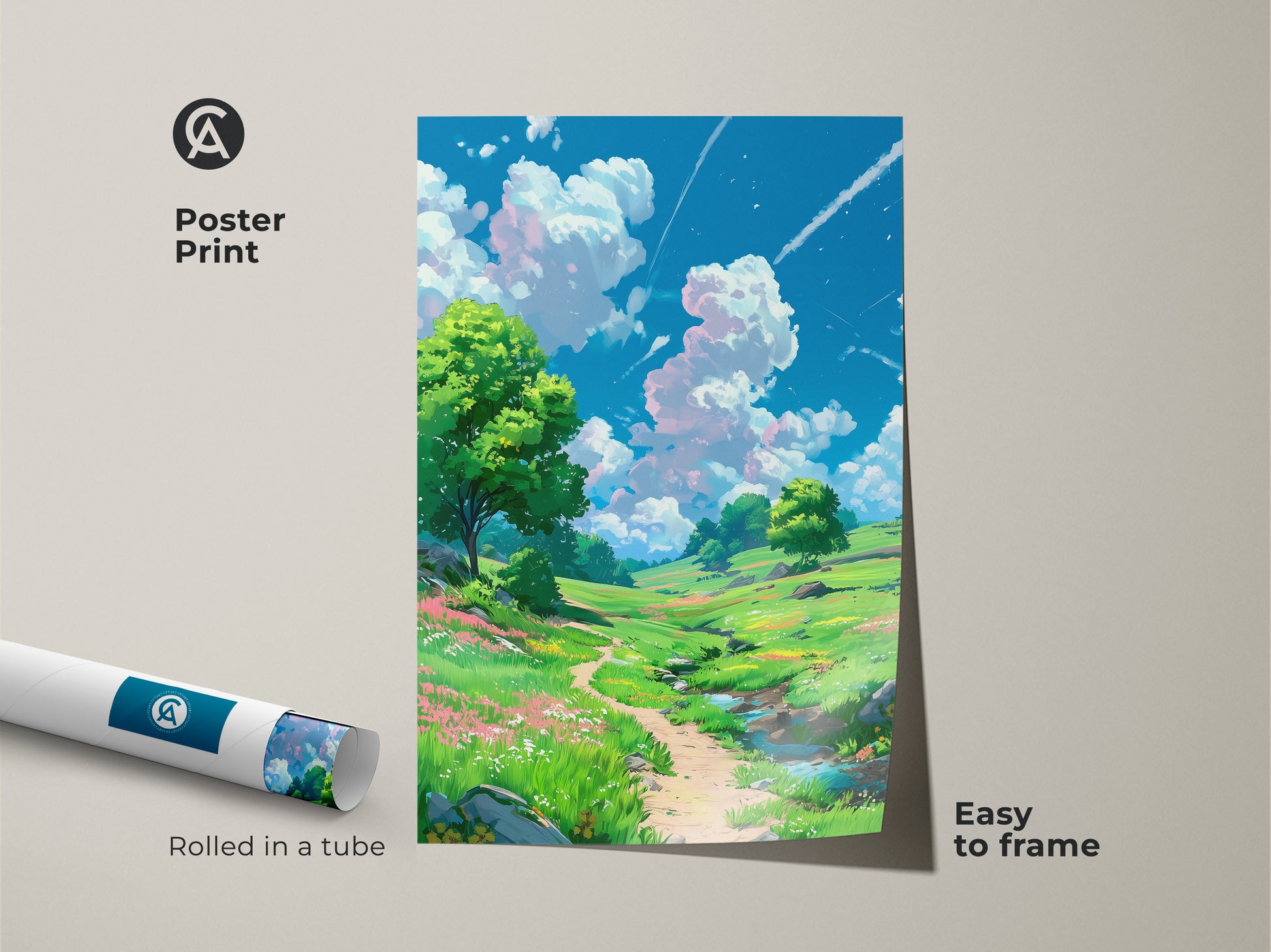 Poster print of a beautiful landscape painting rolled in a tube. The artwork captures a serene nature scene with vivid colors and clear details. An easy to frame poster print perfect for adding a touch of nature to your decor.