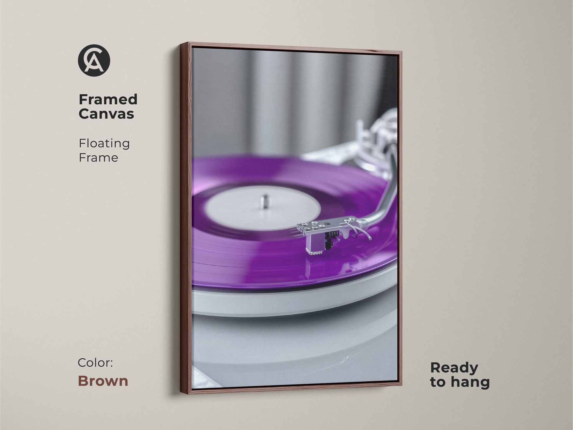 Framed canvas with a brown floating frame. The artwork showcases a purple vinyl record. This turntable canvas print is ready to hang. A distinctive piece of vintage audio art. It's a wonderful gift for any record collector.