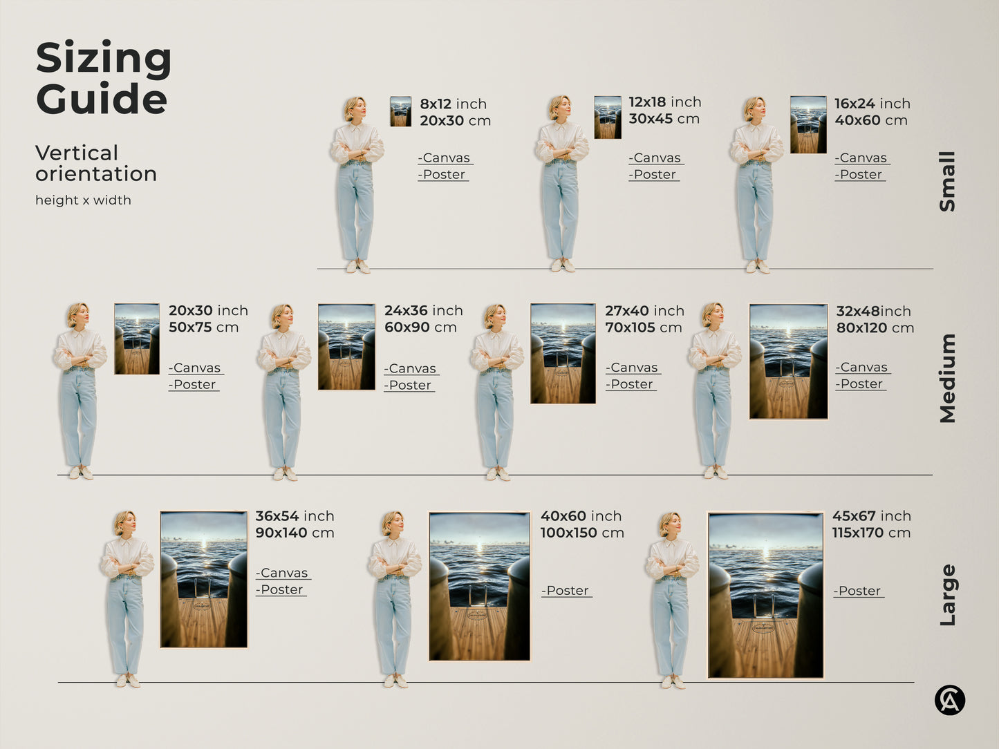 Find the perfect size for your nautical wall art print. Our sizing guide helps you visualize the artwork in your space. Featuring a yacht ladder and ocean view this art is available in various sizes. Canvas and poster options are available.
