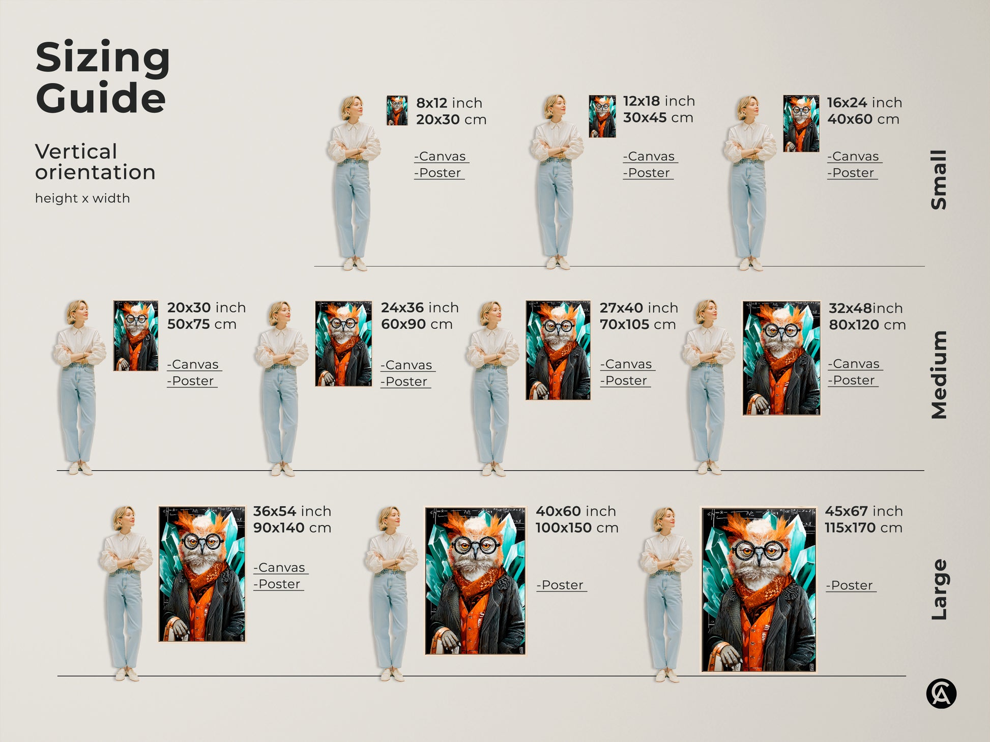 Sizing guide shows the vertical orientation for this artwork. Available in small medium and large sizes. The canvas and poster options are displayed in various dimensions. The professor owl art with crystal accents is a unique piece. It's perfect for enhancing any academic office or study area with a touch of wisdom.