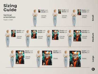 Sizing guide shows the vertical orientation for this artwork. Available in small medium and large sizes. The canvas and poster options are displayed in various dimensions. The professor owl art with crystal accents is a unique piece. It's perfect for enhancing any academic office or study area with a touch of wisdom.