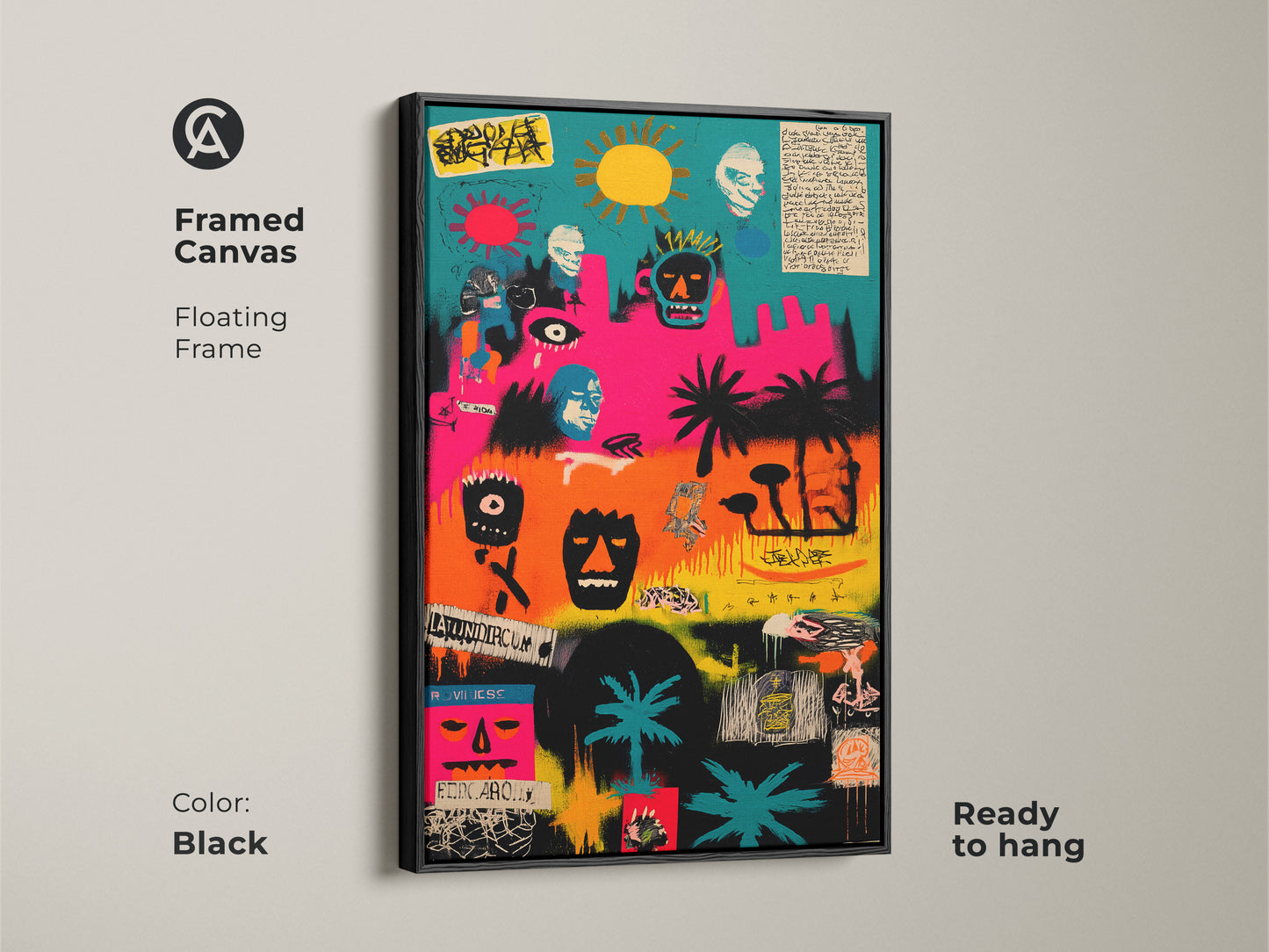 This framed canvas art features a black floating frame. The artwork is ready to hang. The colorful art features faces masks and palm trees. Ideal for contemporary spaces seeking a bold statement piece.