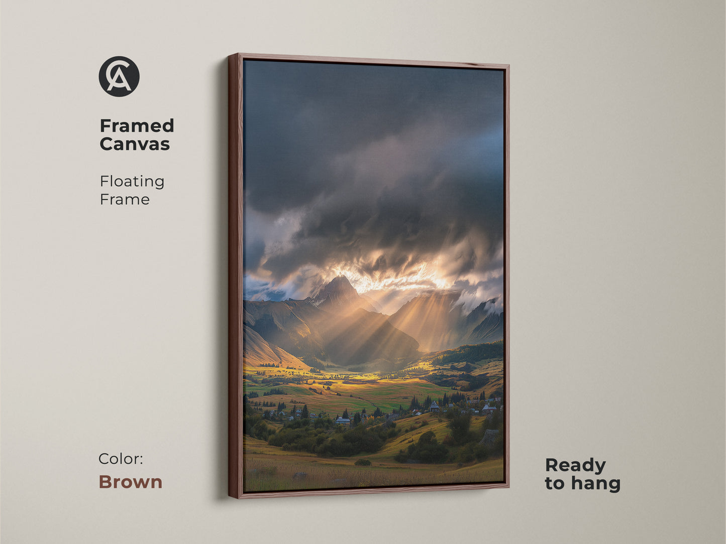 Framed canvas of a mountain valley art print. Golden hour landscape with dramatic sun rays. Floating frame in brown offers a rustic look. Ready to hang scenic valley wall hanging for nature inspired decor.