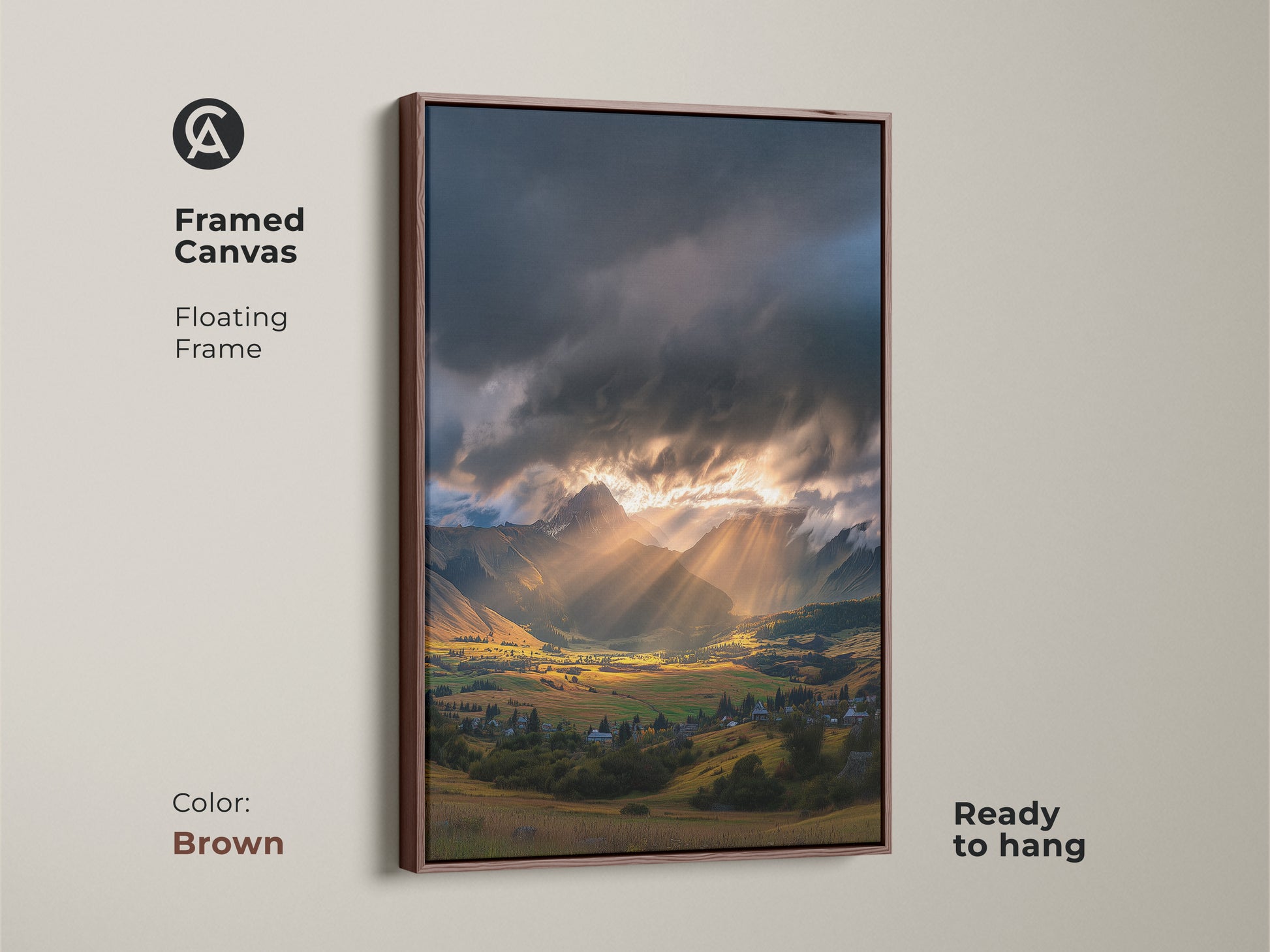 Framed canvas of a mountain valley art print. Golden hour landscape with dramatic sun rays. Floating frame in brown offers a rustic look. Ready to hang scenic valley wall hanging for nature inspired decor.