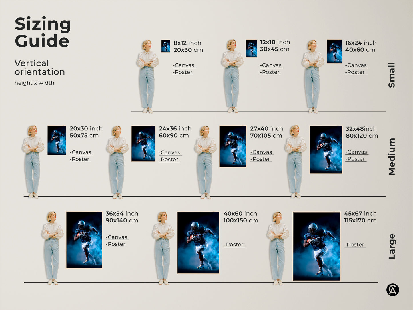 See the sizing guide for vertical football art orientation. Visualize canvas and poster sizes for the action sports print. Ranging from small to large these navy and white art pieces fit any space. Perfect for an office man cave or sports themed bedroom.