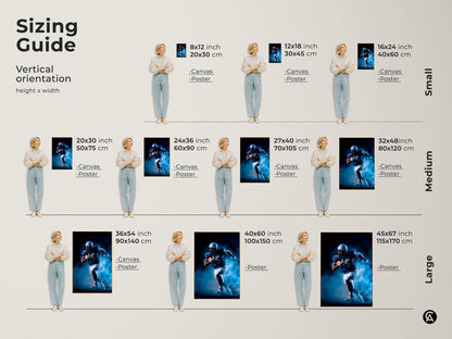 See the sizing guide for vertical football art orientation. Visualize canvas and poster sizes for the action sports print. Ranging from small to large these navy and white art pieces fit any space. Perfect for an office man cave or sports themed bedroom.