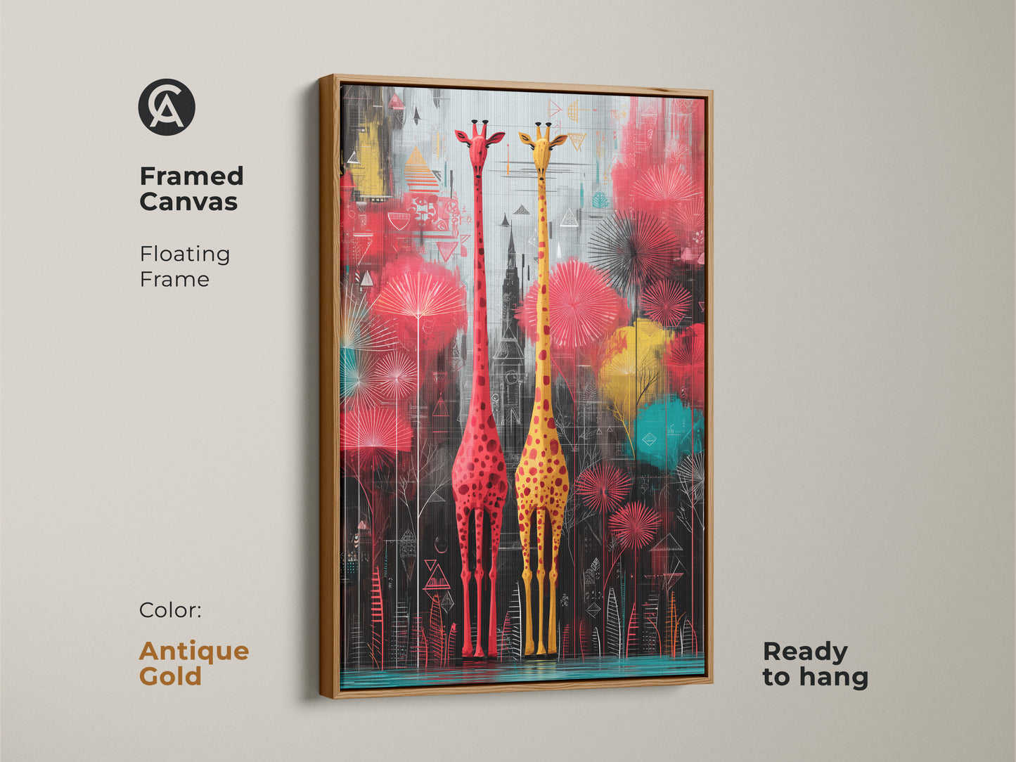 Framed animal artwork showcasing geometric giraffes. This antique gold frame enhances the modern abstract art style. The piece is a unique gift for eclectic home decor.