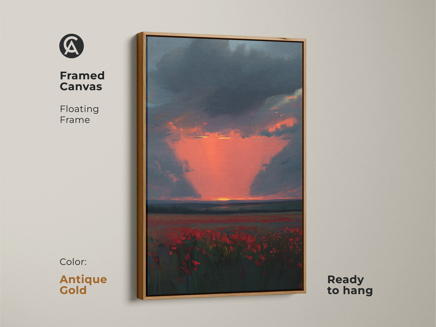 Framed Canvas of a Crimson Poppy Field at Sunset. The frame color is antique gold. It features a floating frame. The vibrant colors and impressionistic style make it a stunning focal point. It is ready to hang.