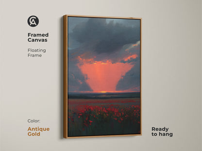 Framed Canvas of a Crimson Poppy Field at Sunset. The frame color is antique gold. It features a floating frame. The vibrant colors and impressionistic style make it a stunning focal point. It is ready to hang.