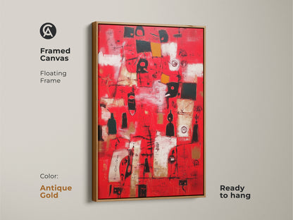 Framed canvas with a floating frame in antique gold. This abstract artwork is ready to hang. The red and gold art offers a contemporary touch. It’s perfect for modern interiors. The sleek frame enhances the overall aesthetic.