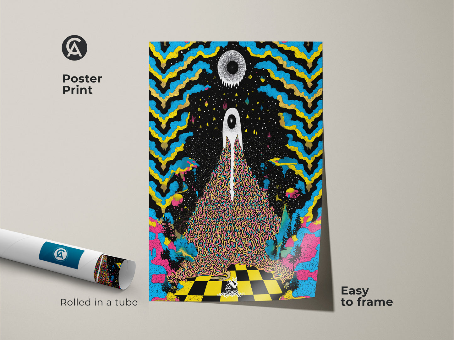 Poster print shows easy to frame psychedelic eye wall art. This surreal abstract canvas print has trippy blue and yellow elements. The rolled art is eclectic black home decor. The vibrant abstract painting is modern surreal artwork.