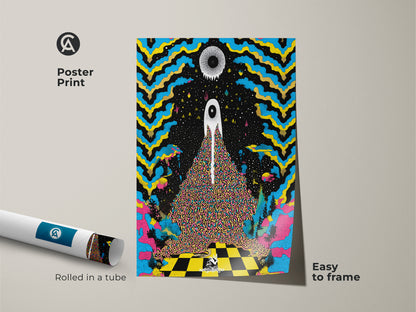 Poster print shows easy to frame psychedelic eye wall art. This surreal abstract canvas print has trippy blue and yellow elements. The rolled art is eclectic black home decor. The vibrant abstract painting is modern surreal artwork.