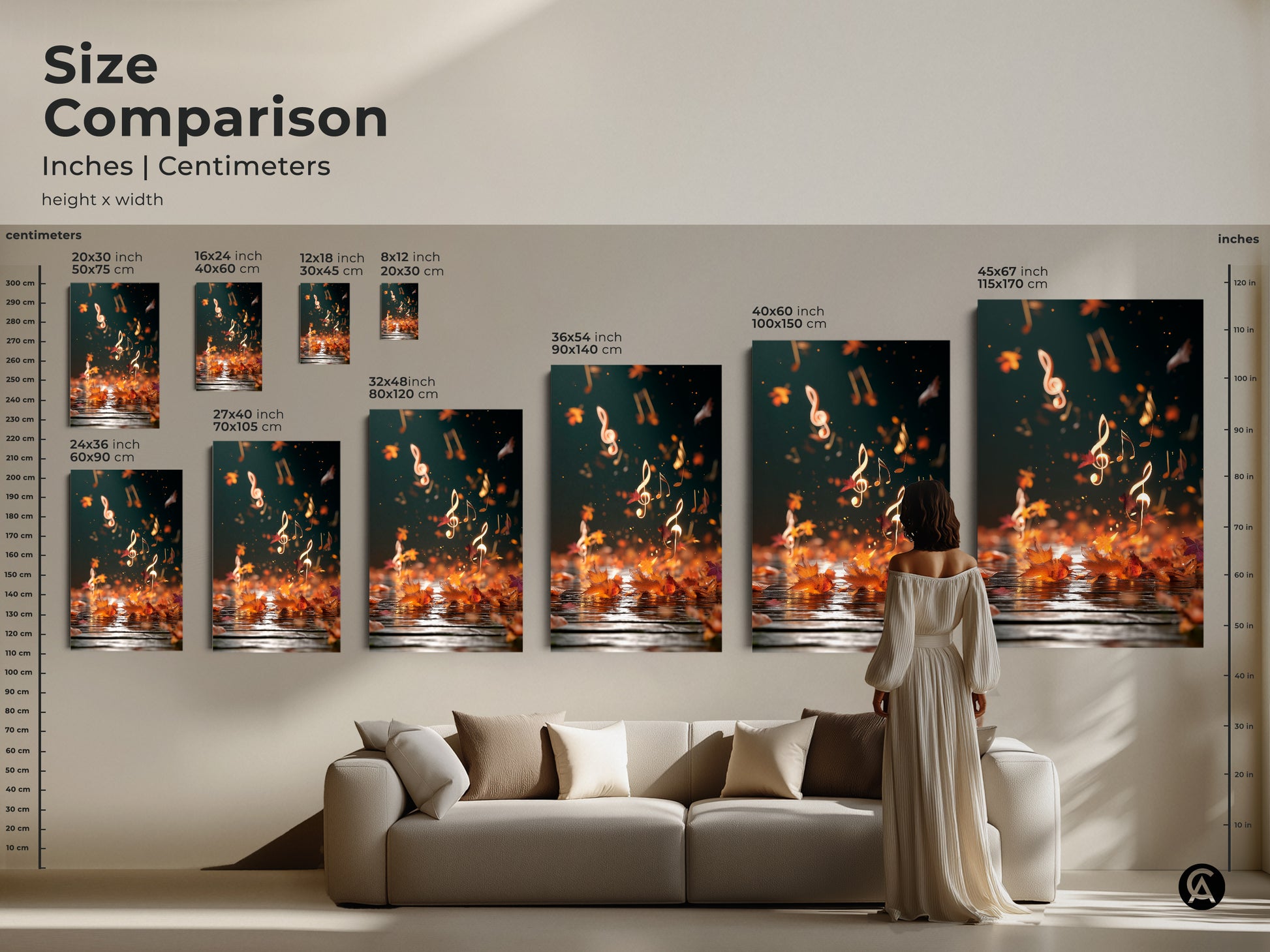 Size comparison of abstract autumn music art. See inches and centimeters. Visualize the art in various sizes with a model and sofa. Perfect for home music studios. This teal gold artwork adds an artistic touch to any room. Ideal for music lovers and autumn enthusiasts.