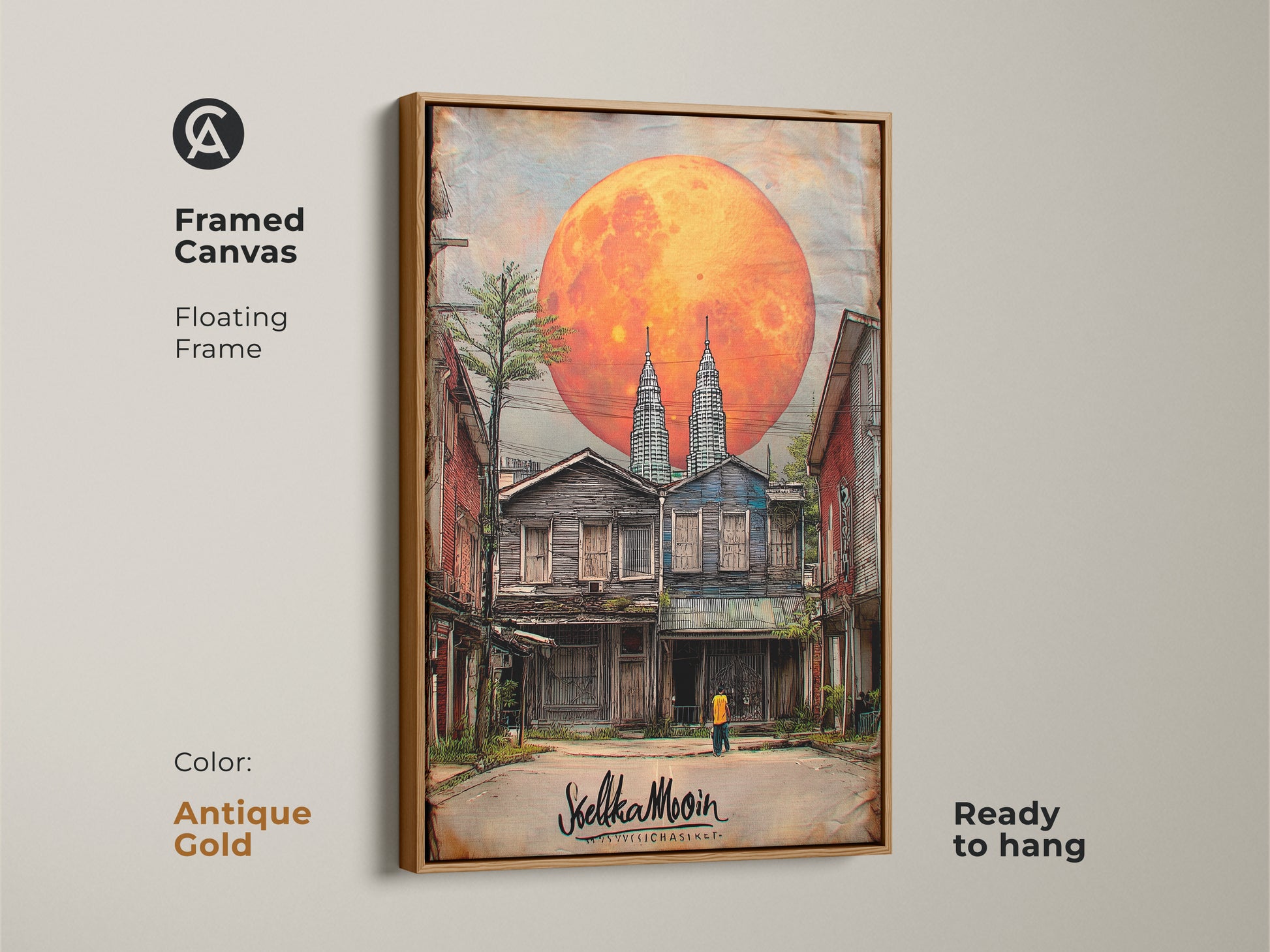 A framed canvas shows surreal cityscape Twin Towers artwork beneath an orange full moon. An antique gold floating frame adds elegance to this digital fantasy art. Ready to hang for eclectic bedroom decor. A unique travel gift.