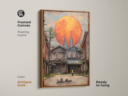 A framed canvas shows surreal cityscape Twin Towers artwork beneath an orange full moon. An antique gold floating frame adds elegance to this digital fantasy art. Ready to hang for eclectic bedroom decor. A unique travel gift.