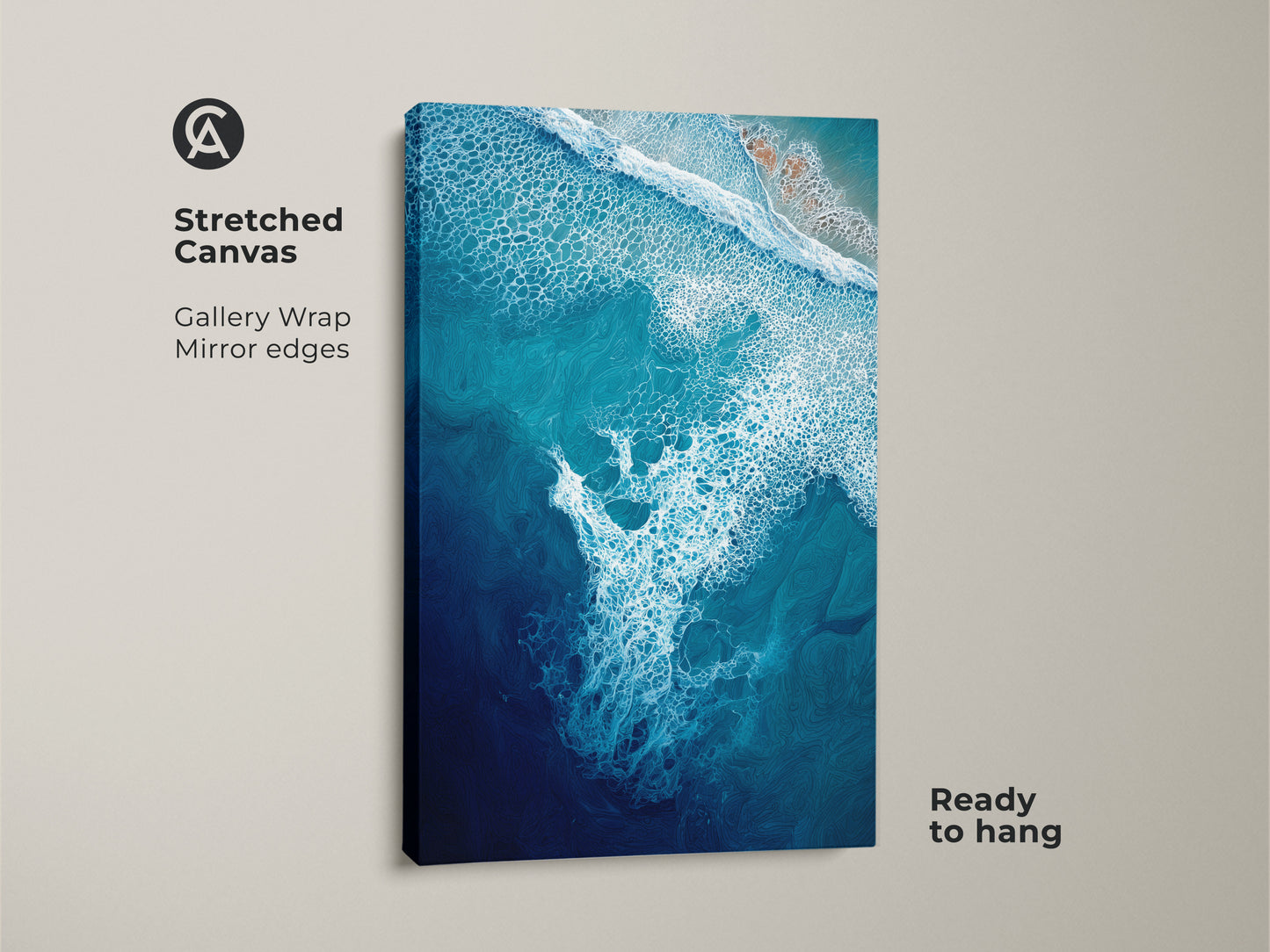 Stretched canvas abstract ocean wave print brings a coastal vibe to any room. The gallery wrap with mirror edges enhances the deep blue turquoise artwork. Ready to hang this aerial view ocean art transforms your space. Perfect for beach lovers this housewarming gift is modern abstract seafoam art.