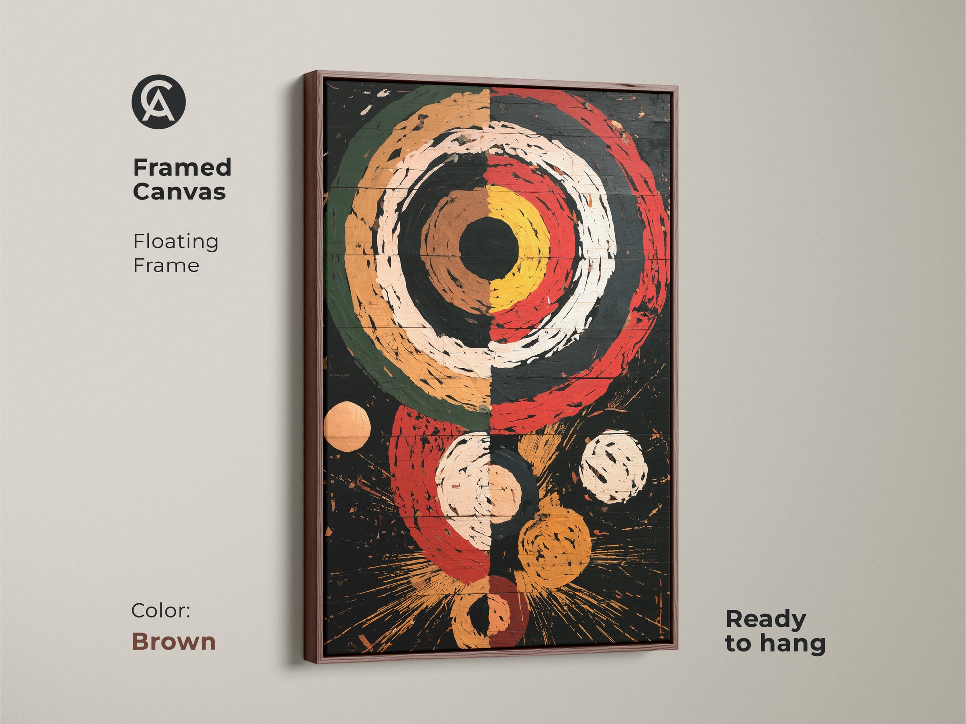 Framed brown canvas featuring a Retro Abstract Geometric art print. This piece of office wall art showcases concentric circles and explosion shapes in red black and white. It's a mid-century modern artwork ready to hang with a floating frame. An ideal retro style canvas for any room.