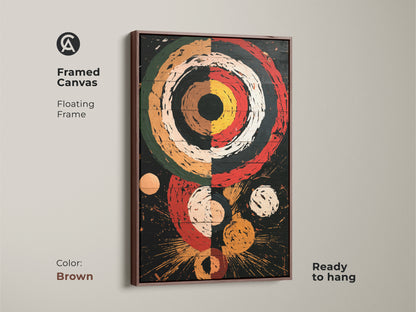 Framed brown canvas featuring a Retro Abstract Geometric art print. This piece of office wall art showcases concentric circles and explosion shapes in red black and white. It's a mid-century modern artwork ready to hang with a floating frame. An ideal retro style canvas for any room.