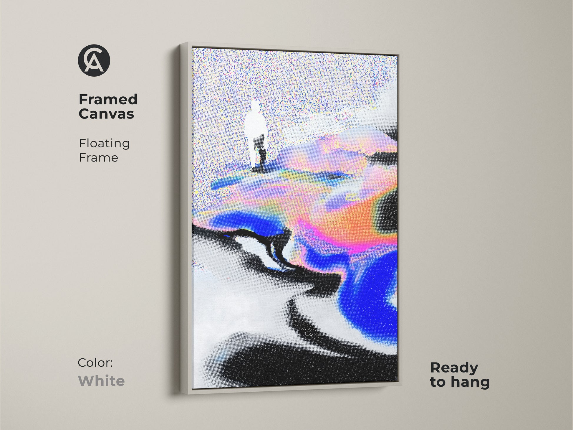 Framed canvas featuring an abstract landscape. The floating frame is white. This unique abstract canvas wall art is ready to hang. Perfect for adding a modern touch to your bedroom or living room decor.