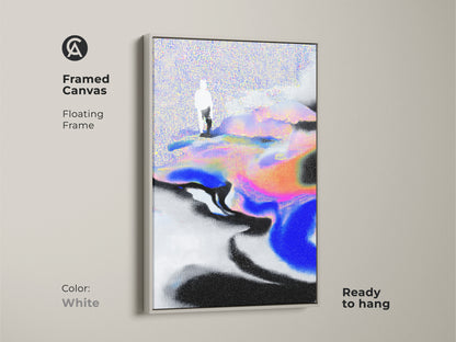 Framed canvas featuring an abstract landscape. The floating frame is white. This unique abstract canvas wall art is ready to hang. Perfect for adding a modern touch to your bedroom or living room decor.