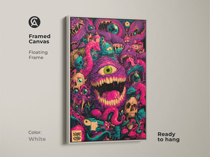 Framed Canvas Floating Frame in White. Monster artwork with skulls tentacles & eyeballs in vibrant colors. This ready to hang piece offers a clean modern look. The white floating frame ensures the artwork stands out.