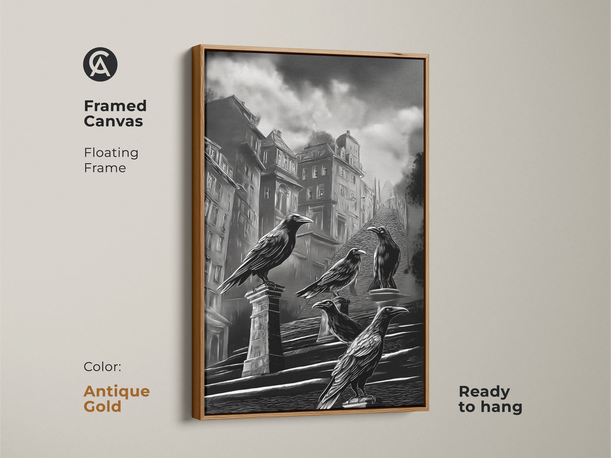 Framed canvas showcasing gothic cityscape art. The dark academia crow wall art features black and white urban architecture. This gothic literature fan gift is ready to hang with an antique gold floating frame. The raven perched on building art creates a moody gothic ambiance. This monochrome bird art print complements gothic office wall decor. A unique piece of animal art.