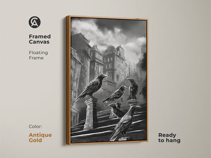 Framed canvas showcasing gothic cityscape art. The dark academia crow wall art features black and white urban architecture. This gothic literature fan gift is ready to hang with an antique gold floating frame. The raven perched on building art creates a moody gothic ambiance. This monochrome bird art print complements gothic office wall decor. A unique piece of animal art.