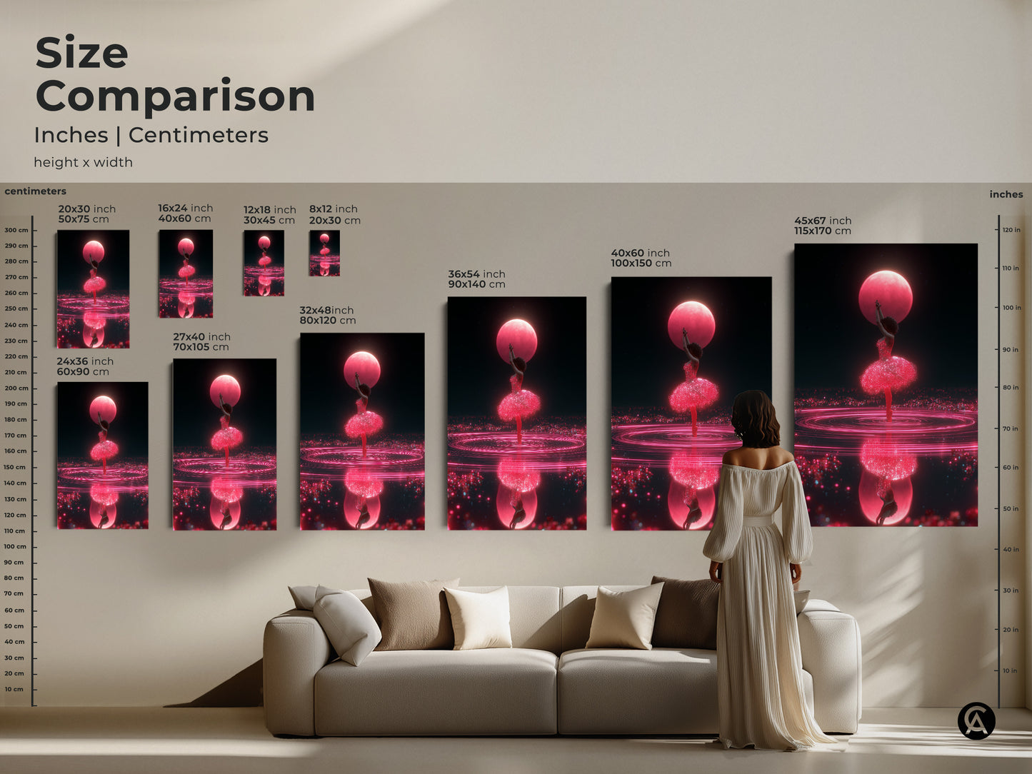 Size comparison of cosmic ballerina art prints in inches and centimeters. See how the surreal dance canvas fits in a living room setting. Options range from 8x12 to 45x67 inches. This vibrant pink and blue art makes a great artistic gift for ballerinas.