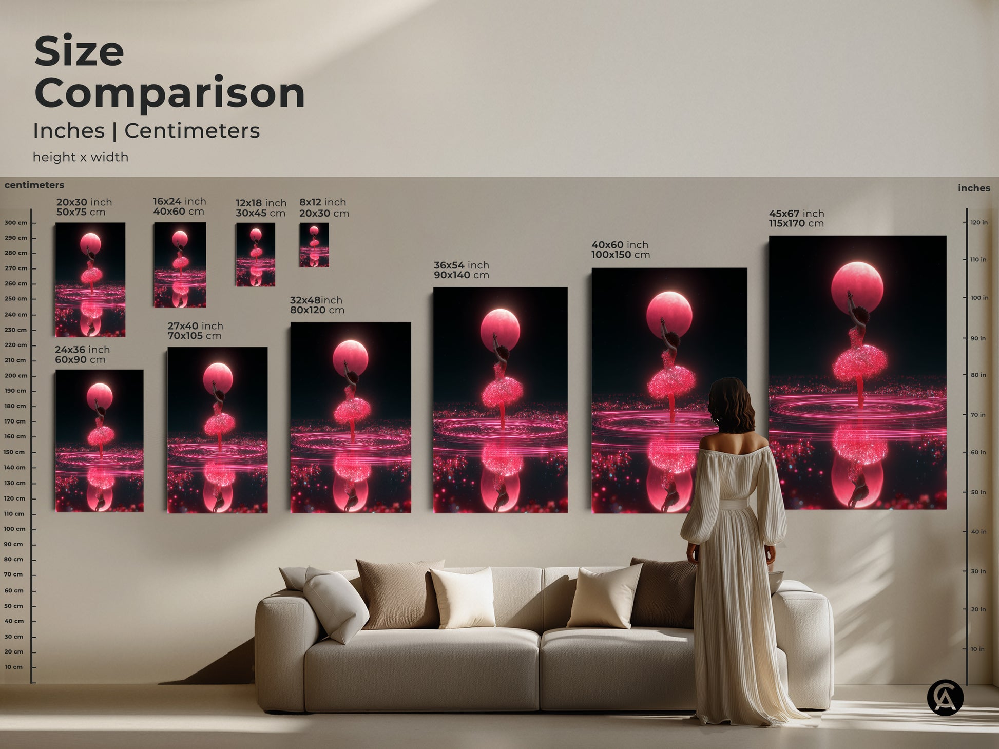 Size comparison of cosmic ballerina art prints in inches and centimeters. See how the surreal dance canvas fits in a living room setting. Options range from 8x12 to 45x67 inches. This vibrant pink and blue art makes a great artistic gift for ballerinas.