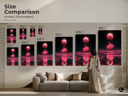 Size comparison of cosmic ballerina art prints in inches and centimeters. See how the surreal dance canvas fits in a living room setting. Options range from 8x12 to 45x67 inches. This vibrant pink and blue art makes a great artistic gift for ballerinas.
