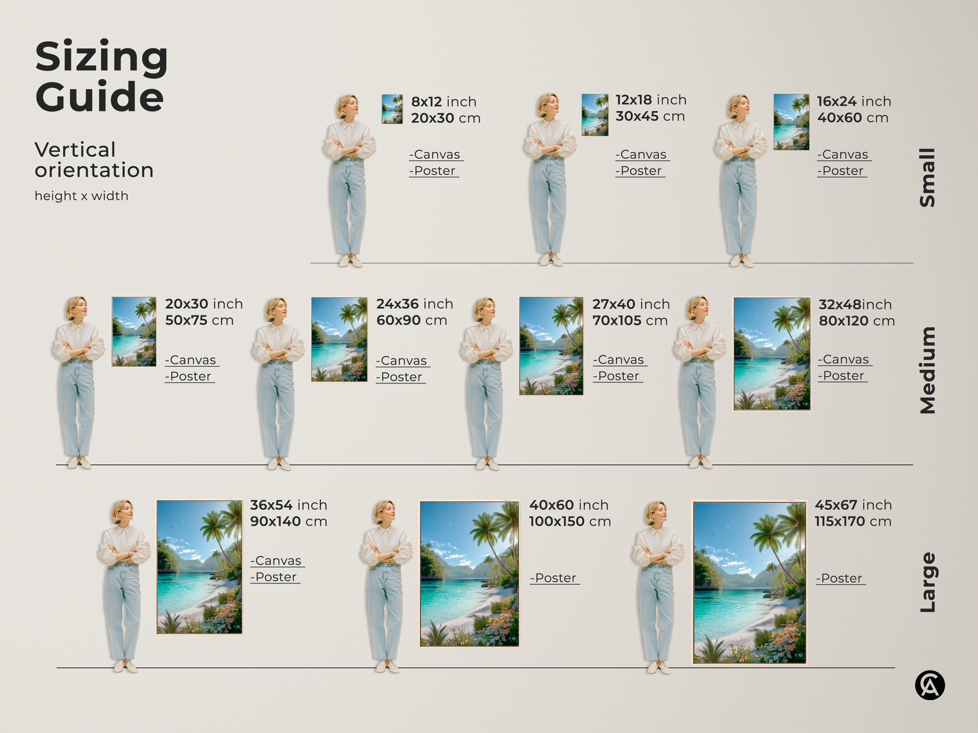 Sizing guide for tropical beach canvas and poster art. Find the perfect vertical artwork size for your space. Each art print shows turquoise water palm trees and flowers. Shop now.