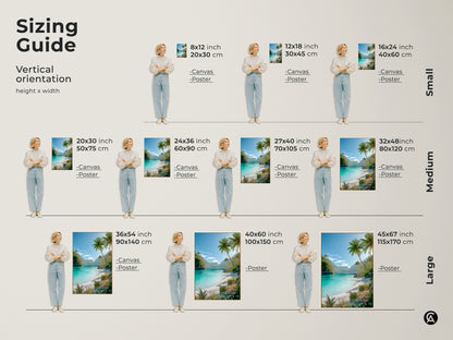 Sizing guide for tropical beach canvas and poster art. Find the perfect vertical artwork size for your space. Each art print shows turquoise water palm trees and flowers. Shop now.