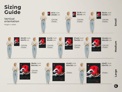 Sizing guide for crimson red Ukiyo-e Wave & Gothic Tower artwork. This vertical orientation shows canvas and poster options. Small medium and large sizes are shown for this artwork. Sizes from 8x12 inch to 45x67 inches are available. It is great for eclectic home decor.