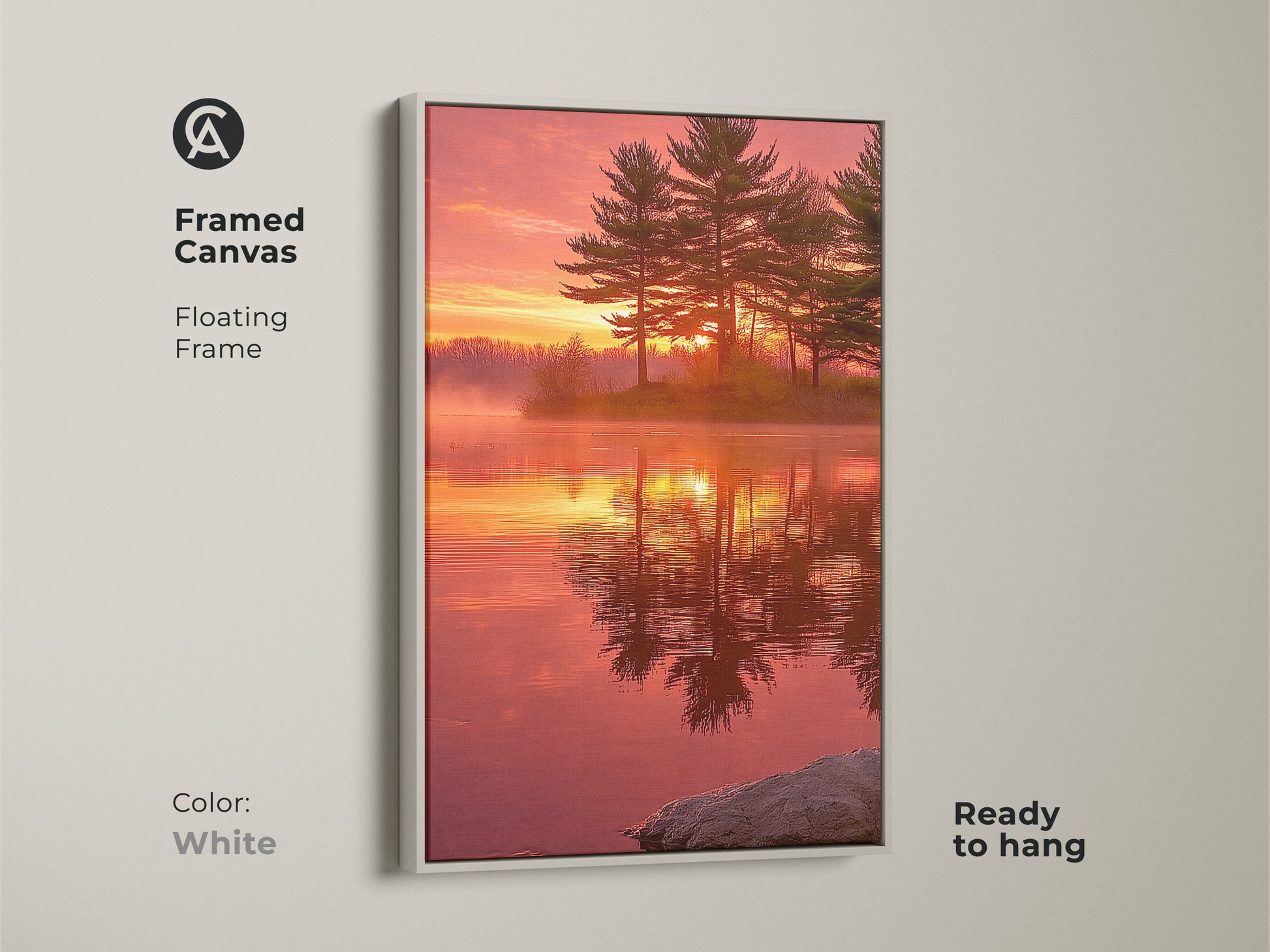 White framed canvas displays a serene sunset over a misty lake with pine trees. This nature wall art brings tranquility to any space. The rustic print is ready to hang. The golden hour scenic view adds warmth. Ideal for a nature lover's home.