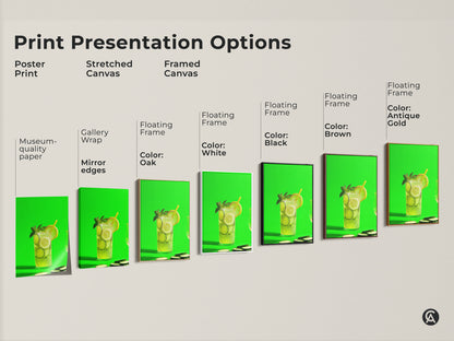 Print presentation options showcasing lime green cucumber lemonade artwork. See poster prints stretched canvases and framed canvases. Choose the perfect style for your modern kitchen or home bar. Find museum-quality edges.