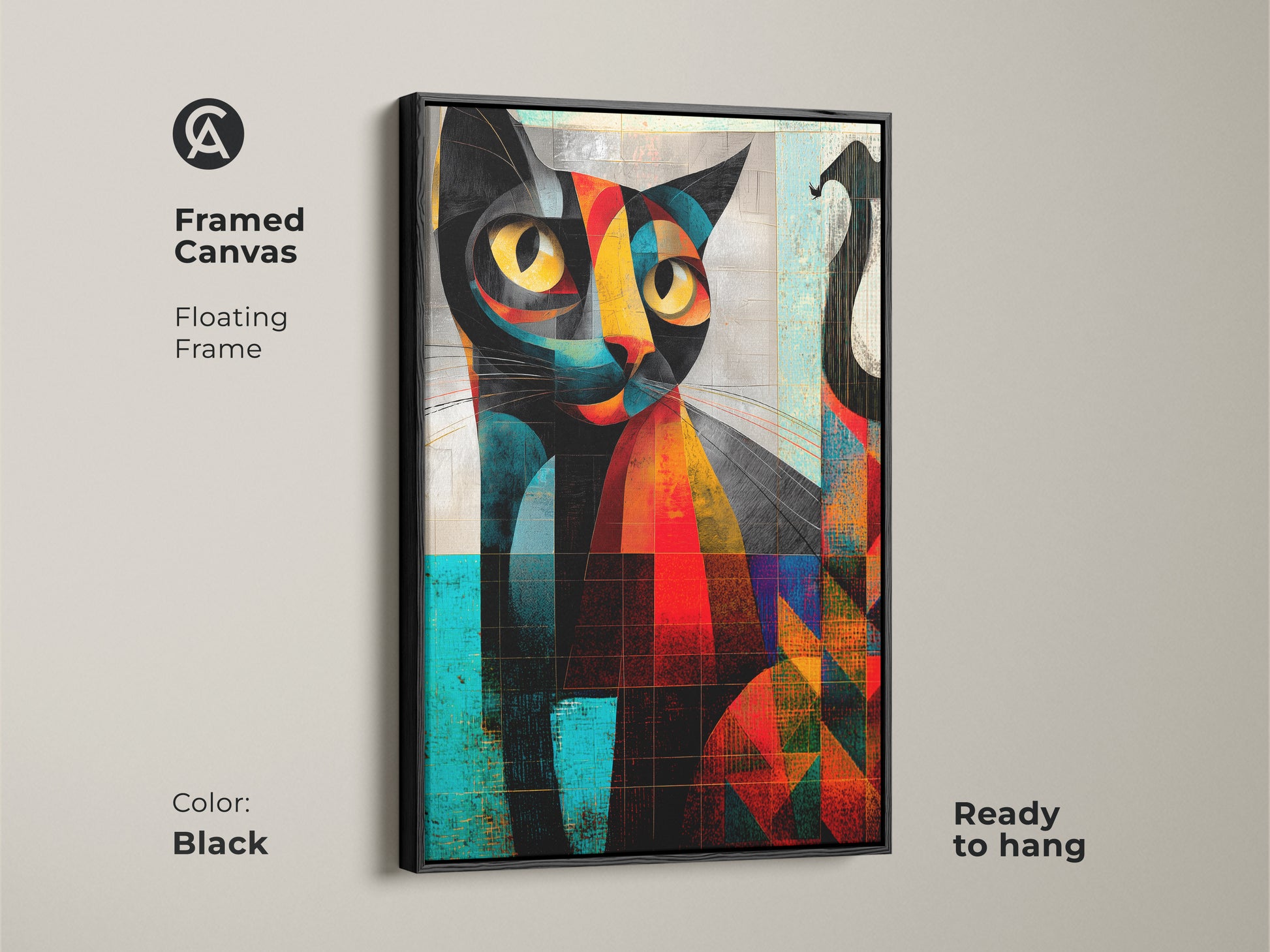 Framed canvas featuring abstract geometric cat art in a floating black frame. The modern animal portrait combines orange teal and yellow for a vibrant look. Ready to hang this unique cat artwork enhances living rooms or bedrooms. Ideal for contemporary feline art lovers.