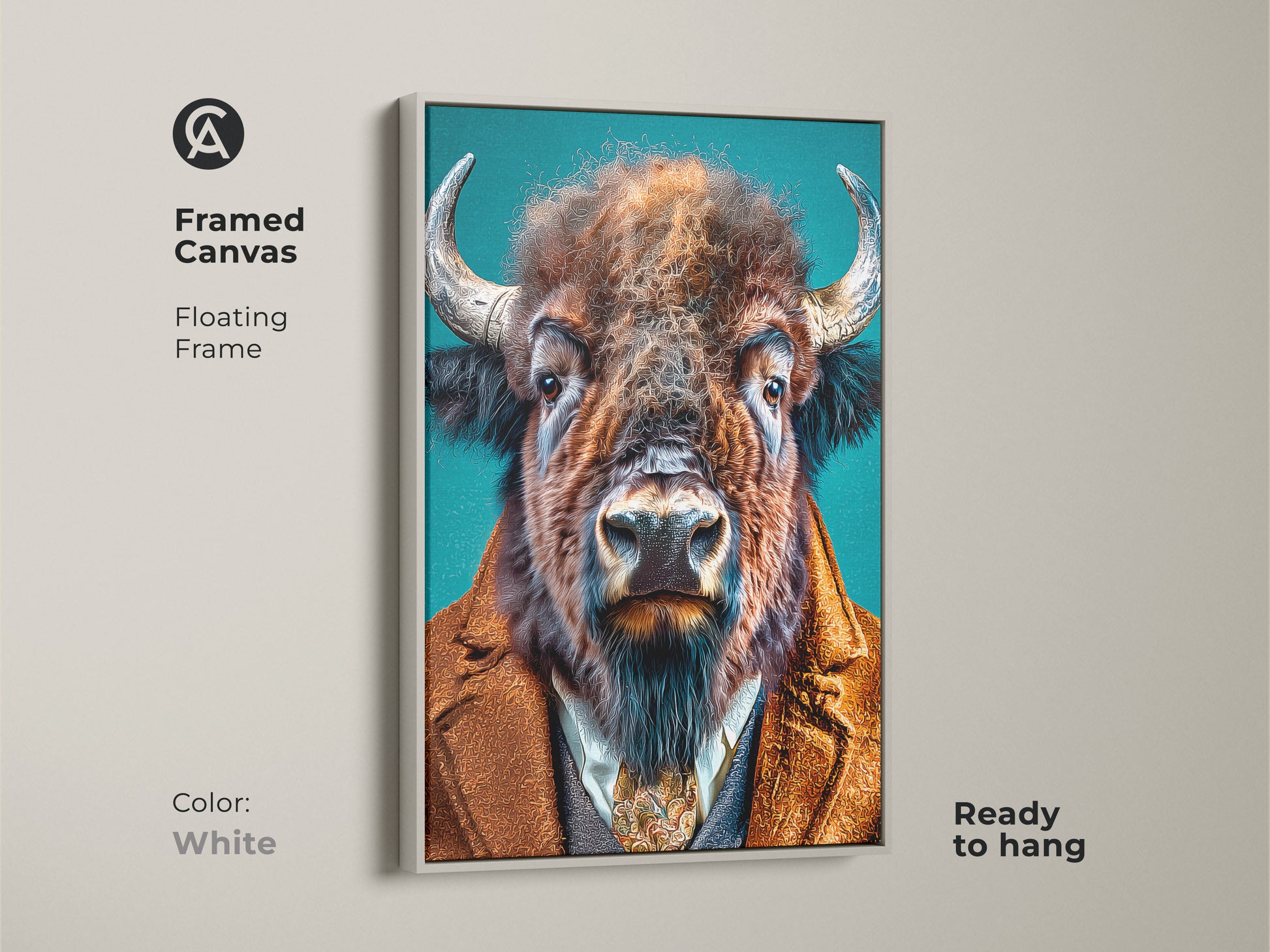 Framed canvas artwork of a buffalo in a suit with a white floating frame. This animal art piece is ready to hang. It brings a touch of elegance and charm to any room. The floating frame enhances the artwork's minimalist appeal.