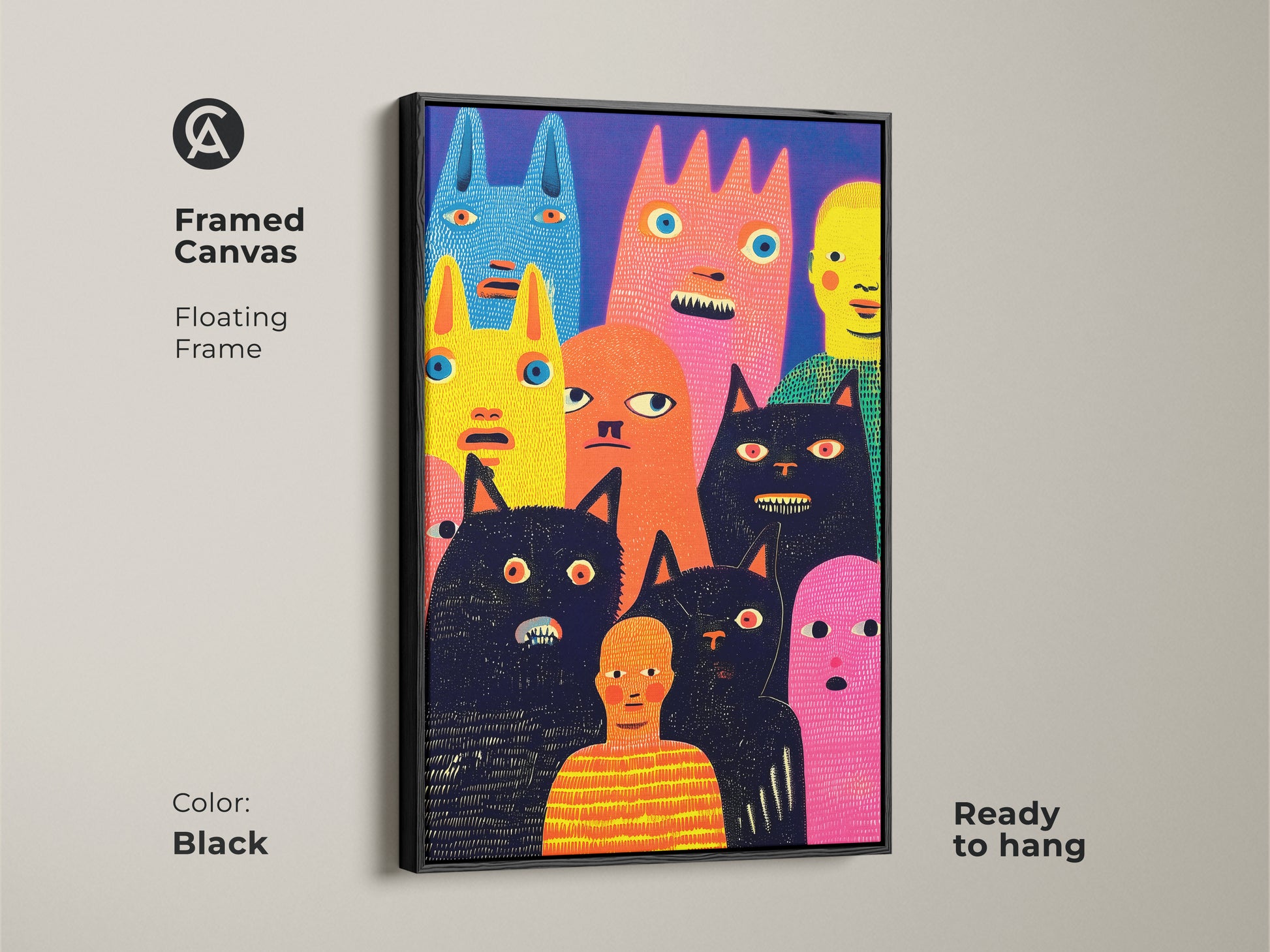 Black framed canvas artwork showcasing whimsical characters. This art is in a modern style. The floating frame adds a touch of elegance. It features a collection of colorful figures and cats. Ready to hang and enjoy in your home. Buy it now!