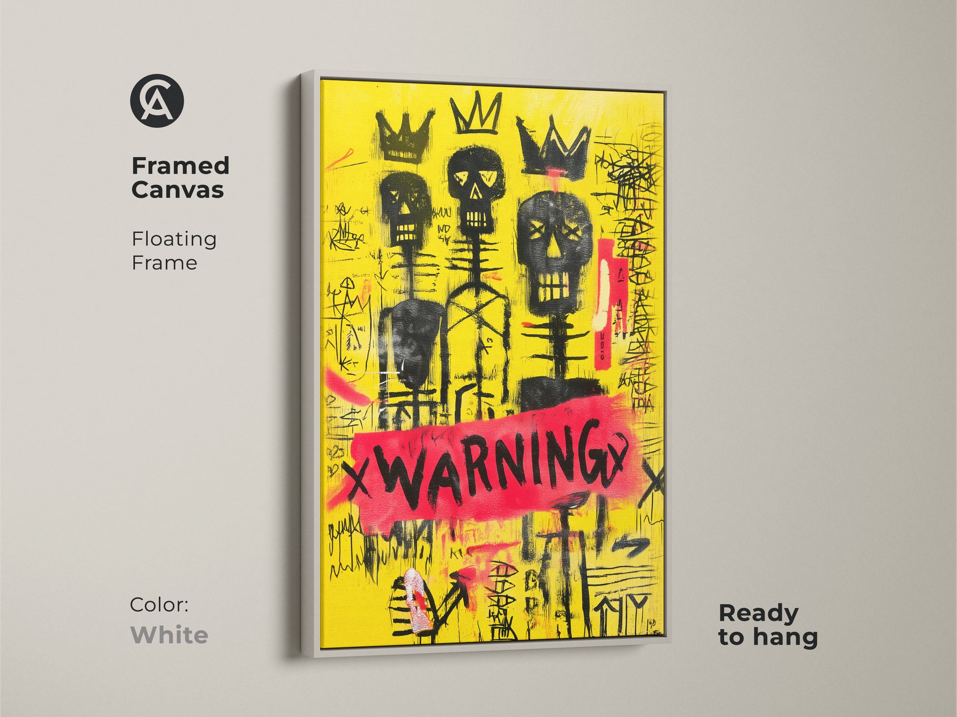 Framed Canvas with Floating White Frame of a yellow skull wall art. This black crown canvas print is ready to hang. It is a graffiti skeleton art with abstract neo-expressionism. It will make an excellent eclectic home decor art.
