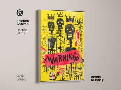 Framed Canvas with Floating White Frame of a yellow skull wall art. This black crown canvas print is ready to hang. It is a graffiti skeleton art with abstract neo-expressionism. It will make an excellent eclectic home decor art.