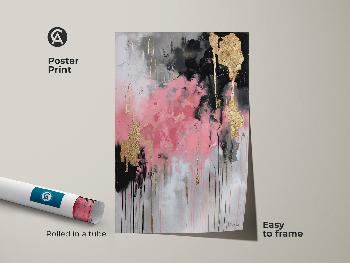 Poster print of a modern abstract painting with pink black and gold accents. Rolled in a tube this contemporary wall art is easy to frame. The abstract color splash and textured details make it a unique piece. Perfect as a gift for art lovers this art print adds sophistication to any space. Enhance your home office with this chic abstract decor.