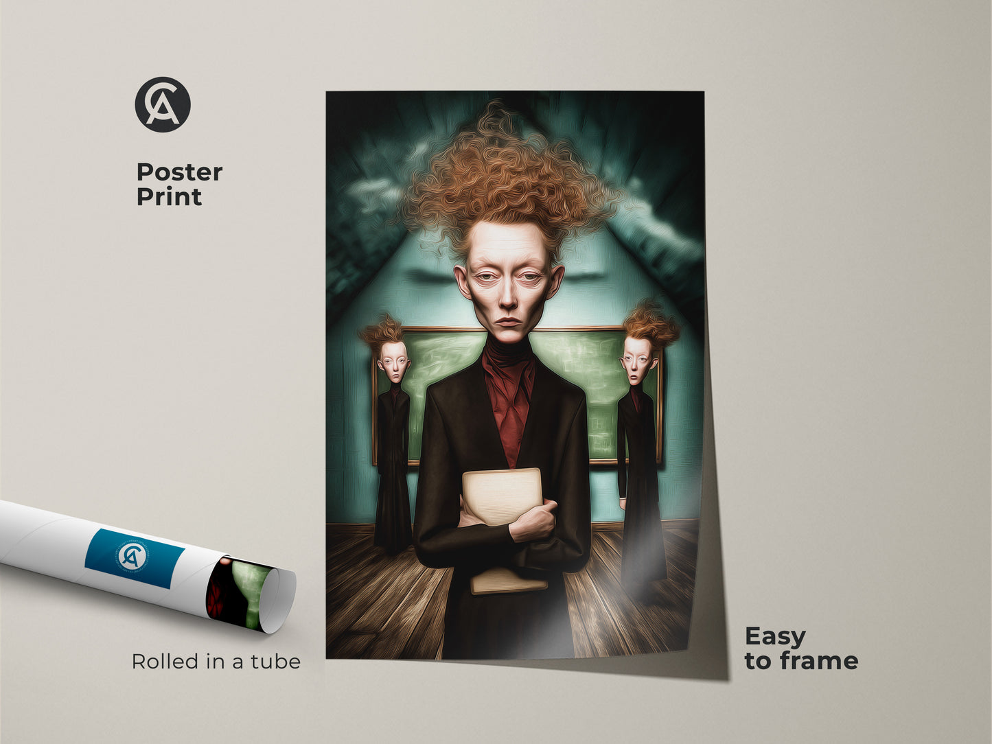 Poster print of a surrealist portrait is easy to frame. Gothic figure canvas print is rolled in a tube. Perfect for study room wall hanging or office artwork. The dark academia art decor suits eclectic living rooms.