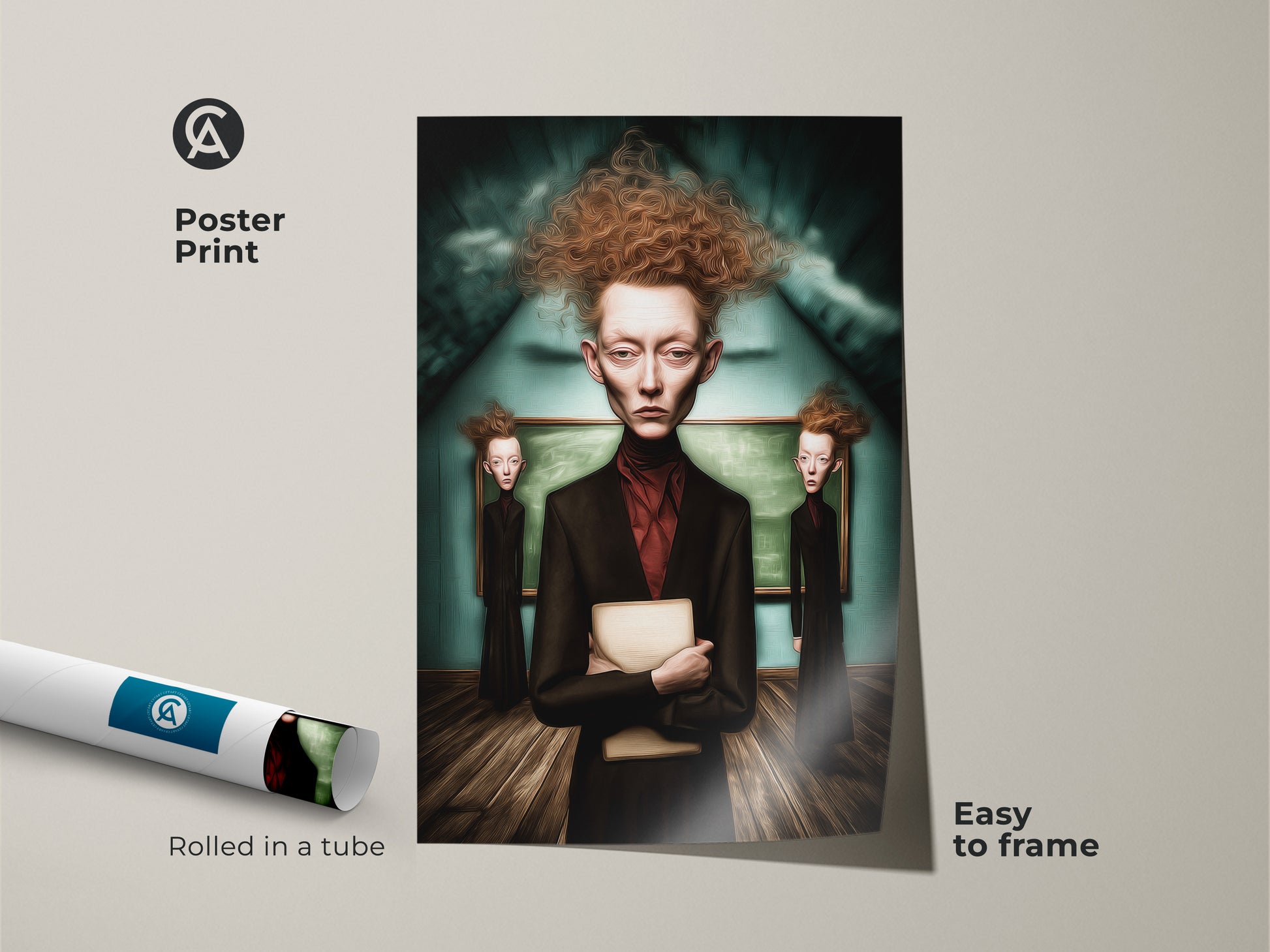 Poster print of a surrealist portrait is easy to frame. Gothic figure canvas print is rolled in a tube. Perfect for study room wall hanging or office artwork. The dark academia art decor suits eclectic living rooms.